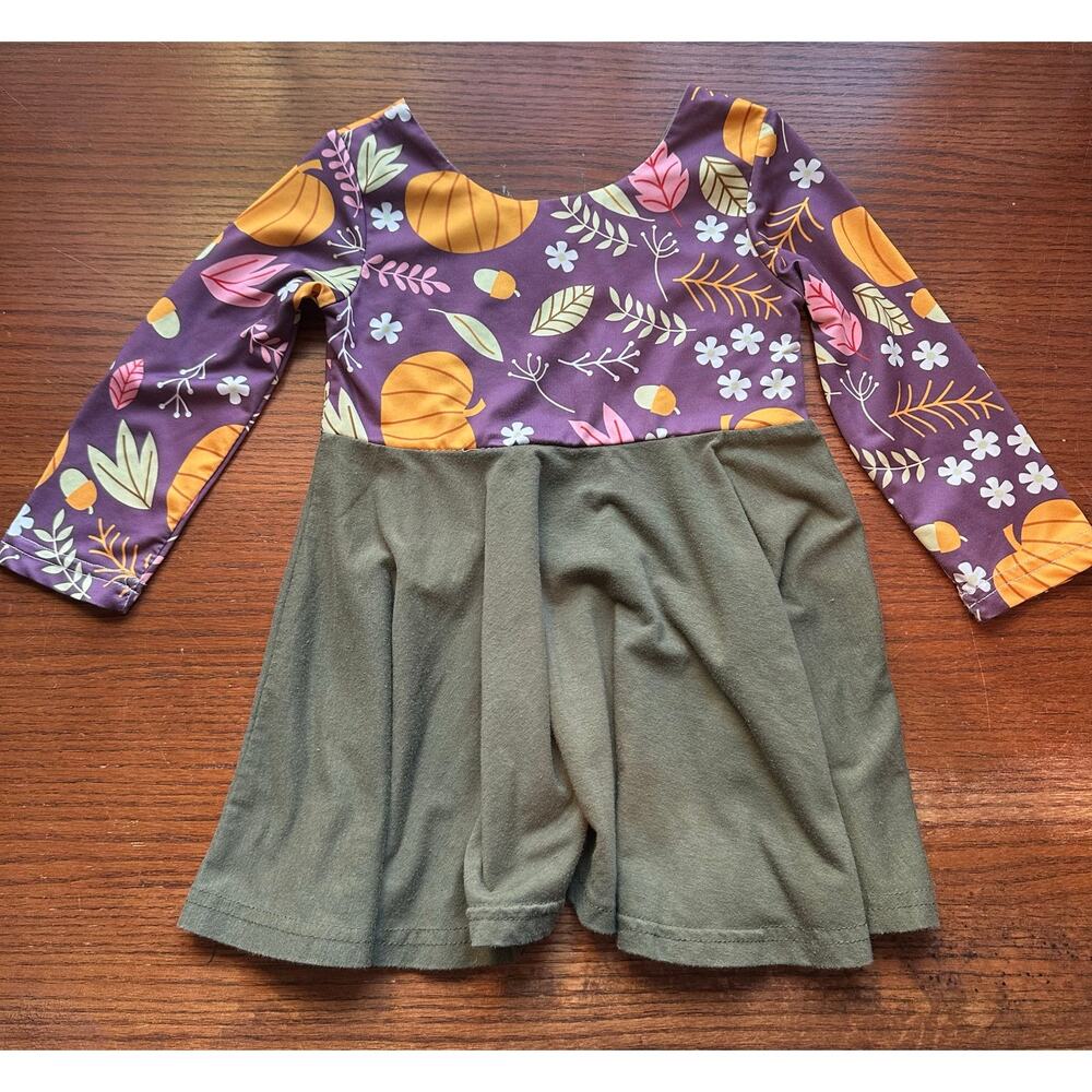 12-18M Rorychen Girls Fall Pumpkin Dress – Purple & Sage Green, Soft & Stretchy